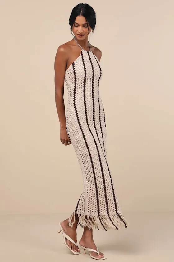 Hedia Beige Striped Crochet Halter Fringe Midi Dress sold by Lulus product image thumbnail 4
