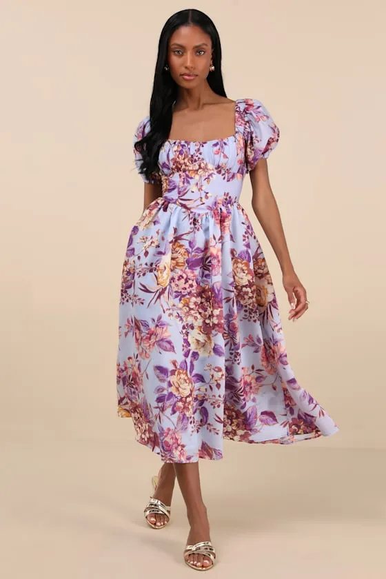 Adorable Tendencies Periwinkle Floral Puff Sleeve Midi Dress sold by Lulus