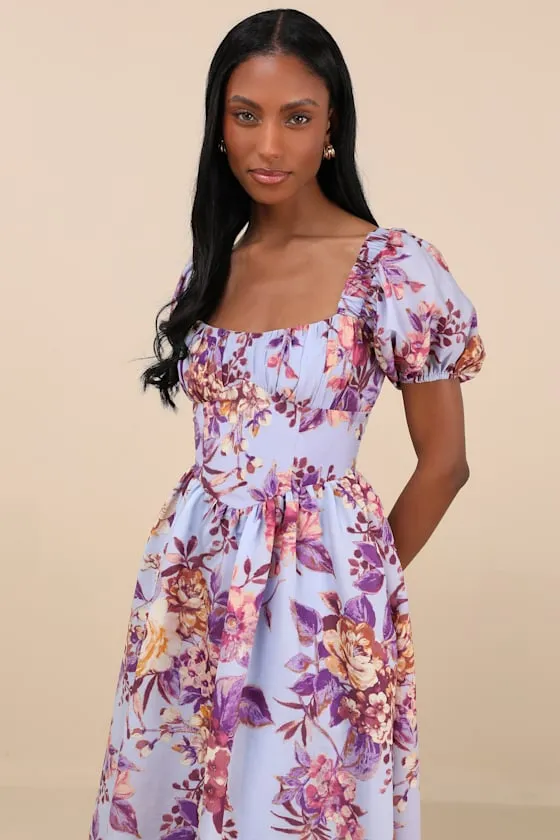 Adorable Tendencies Periwinkle Floral Puff Sleeve Midi Dress sold by Lulus product image thumbnail 4