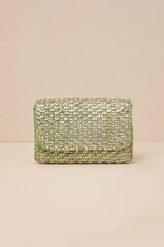 Stunning Glow Gold and Green Beaded Rectangular Mini Clutch sold by Lulus