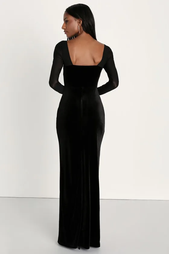 Certifiably Chic Black Velvet Mesh Long Sleeve Maxi Dress sold by Lulus product image thumbnail 2