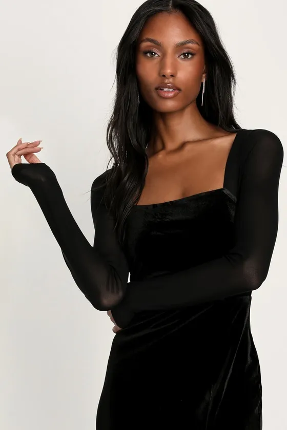 Certifiably Chic Black Velvet Mesh Long Sleeve Maxi Dress sold by Lulus product image thumbnail 3
