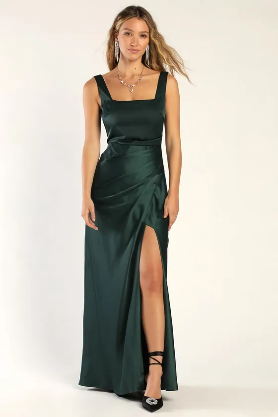 Red Carpet Romance Emerald Green Satin Square Neck Maxi Dress sold by Lulus