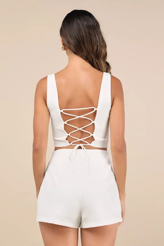 Exceptionally Styled Ivory Lace-Up Two-Piece Skort Romper sold by Lulus product image thumbnail 2