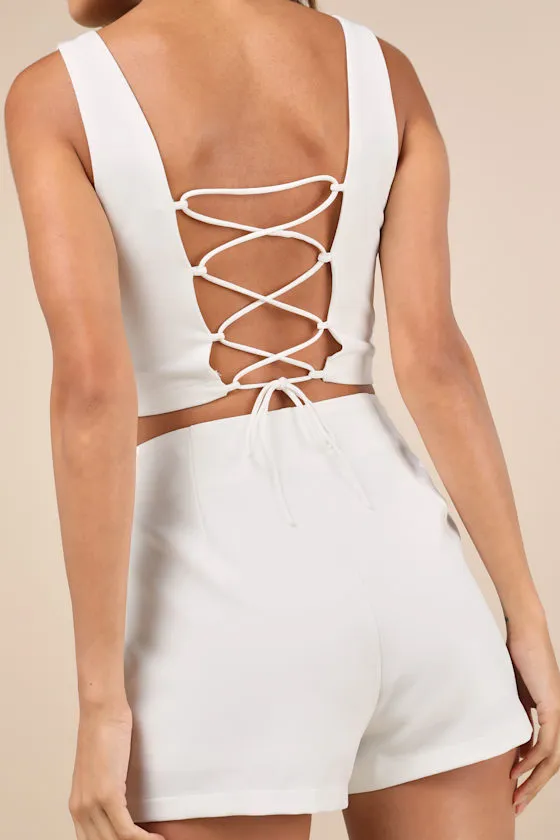 Exceptionally Styled Ivory Lace-Up Two-Piece Skort Romper sold by Lulus product image thumbnail 4