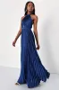 Midnight Moves Navy Blue Pleated Satin Cutout Halter Maxi Dress sold by Lulus