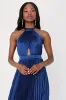 Midnight Moves Navy Blue Pleated Satin Cutout Halter Maxi Dress sold by Lulus