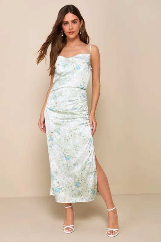 Truest Romance Mint Green Floral Sleeveless Ruched Midi Dress sold by Lulus