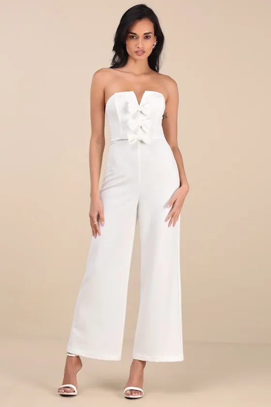Opulent Outlook White Bow Strapless Wide-Leg Jumpsuit sold by Lulus