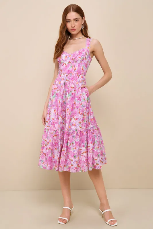 Adorable Presence Pink Floral Bustier Midi Dress With Pockets sold by Lulus