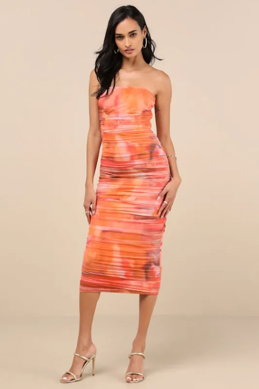 Vania Orange Abstract Mesh Ruched Strapless Midi Dress sold by Lulus