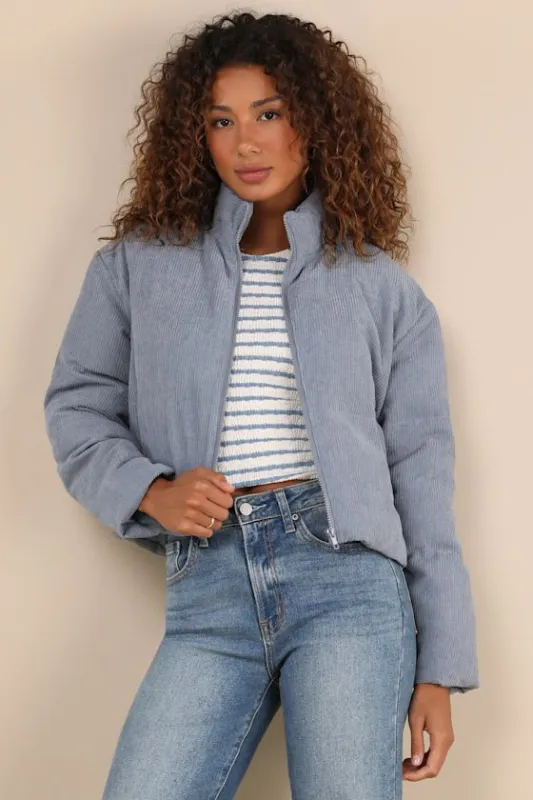 Cloud Nine Cutie Slate Blue Cropped Corduroy Puffer Jacket made by Lulus