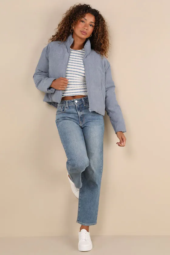 Cloud Nine Cutie Slate Blue Cropped Corduroy Puffer Jacket sold by Lulus product image thumbnail 3