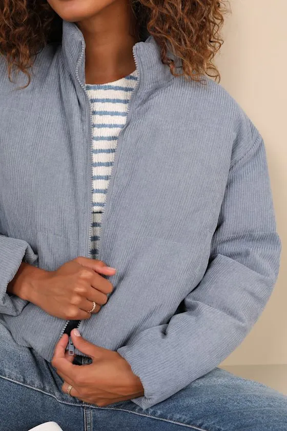 Cloud Nine Cutie Slate Blue Cropped Corduroy Puffer Jacket sold by Lulus product image thumbnail 4