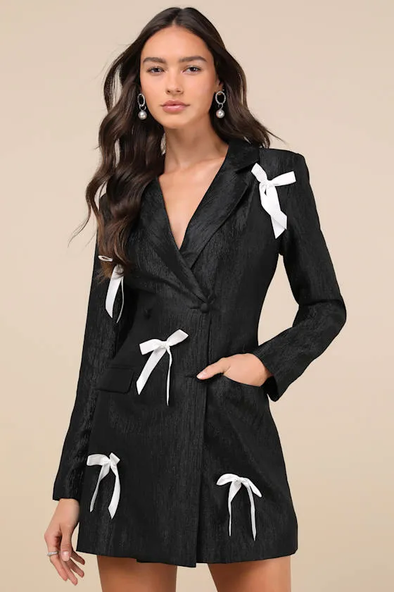 Formally Adorable Black Double Breasted Bow Blazer Mini Dress sold by Lulus