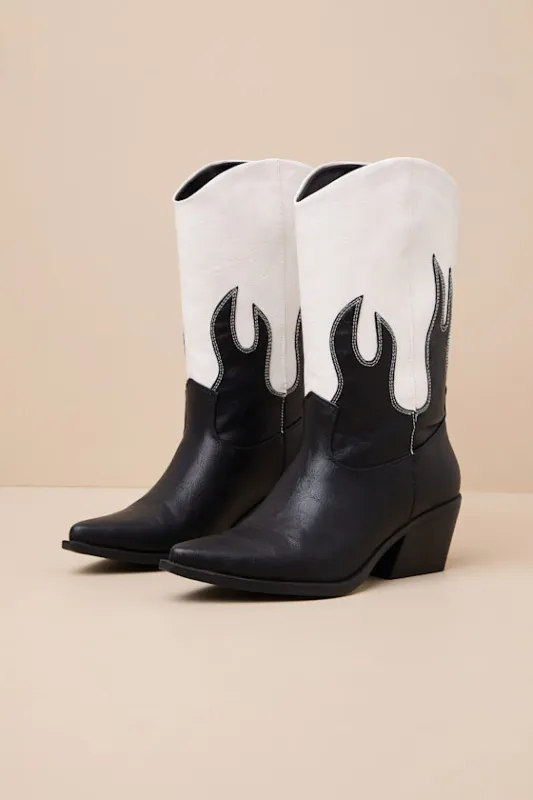Ramblen Black and White Mid-Calf Western Boots sold by Lulus