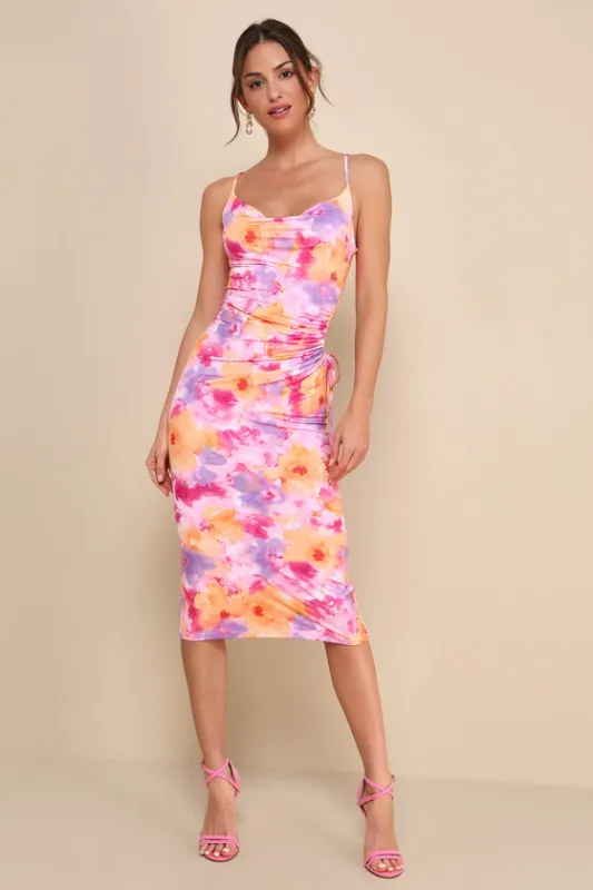 Vibrant Babe Pink Multi Floral Cutout Drawstring Midi Dress sold by Lulus