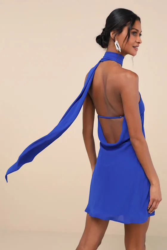 Isloda Blue One-Shoulder Backless Sash Mini Dress sold by Lulus