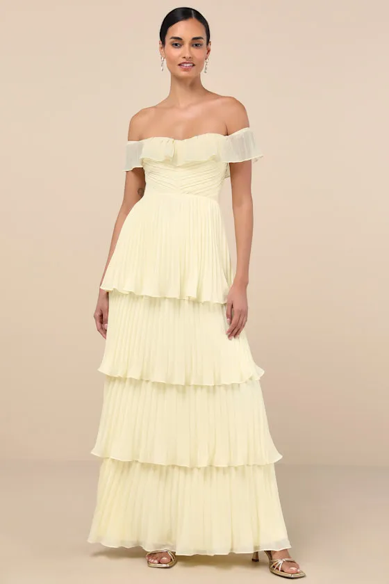 Always Remarkable Pale Yellow Off-the-Shoulder Maxi Dress sold by Lulus