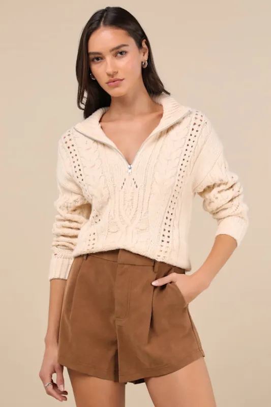 Stylish Forecast Cream Cable Knit Quarter-Zip Pullover Sweater sold by Lulus