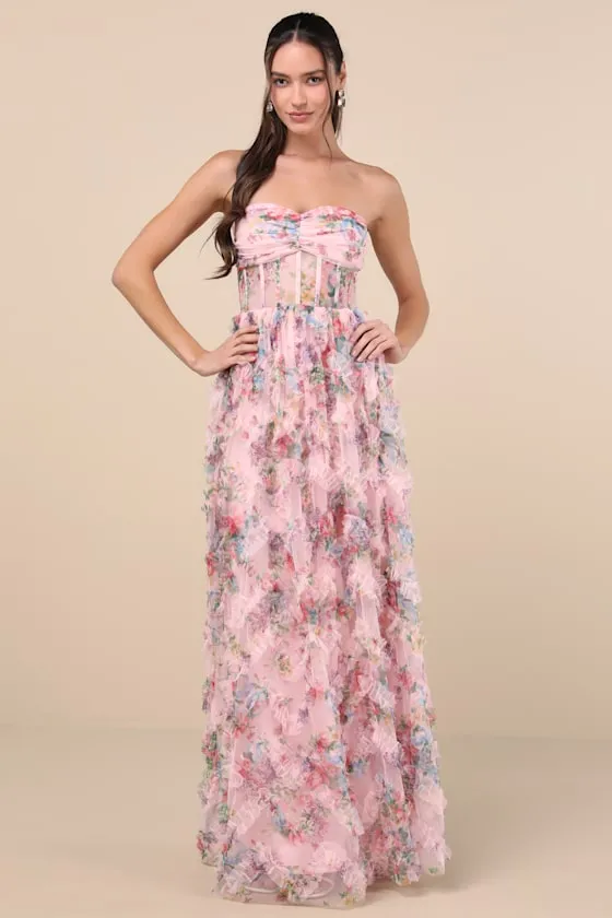 Stunning Element Pink Floral Mesh Ruffled Strapless Maxi Dress sold by Lulus