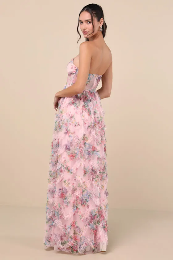 Stunning Element Pink Floral Mesh Ruffled Strapless Maxi Dress sold by Lulus product image thumbnail 2