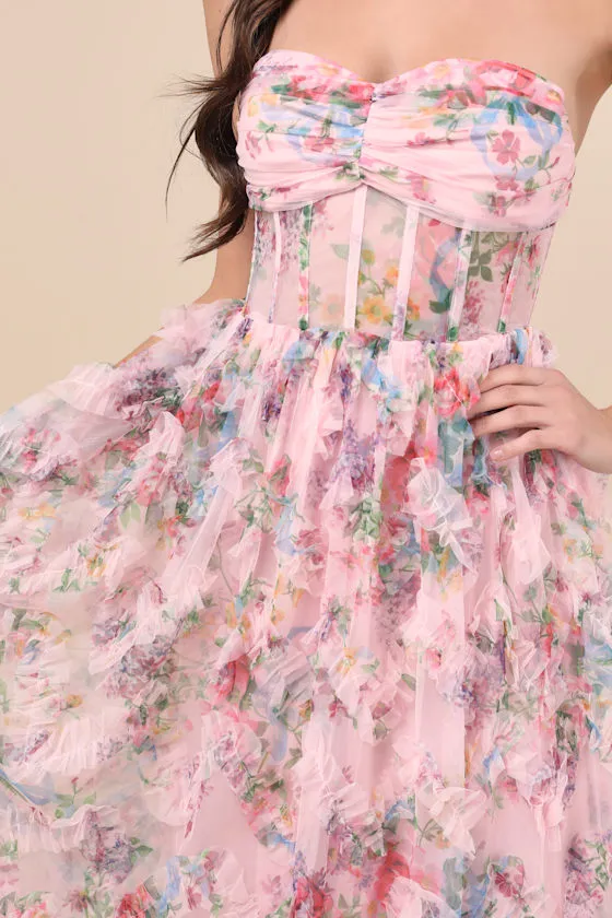 Stunning Element Pink Floral Mesh Ruffled Strapless Maxi Dress sold by Lulus product image thumbnail 3