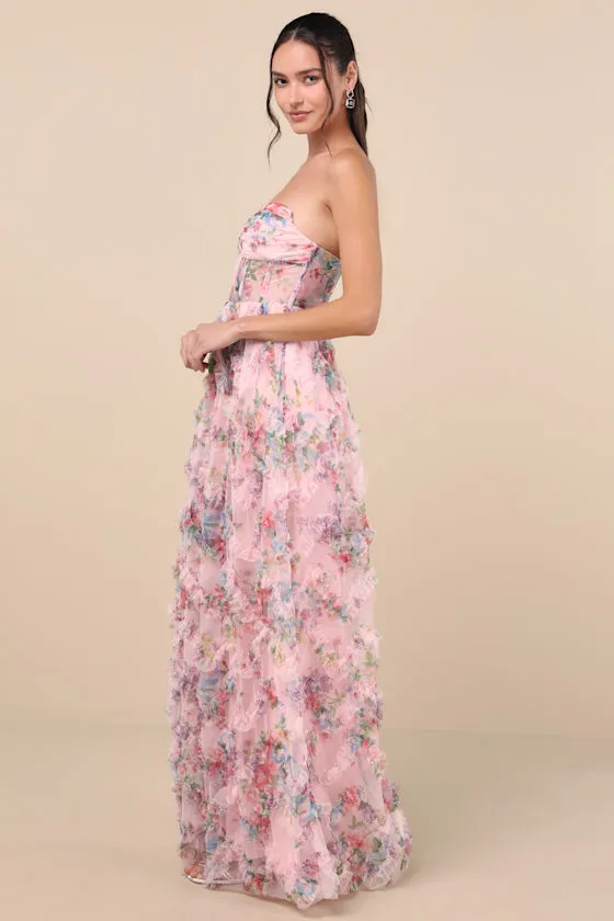 Stunning Element Pink Floral Mesh Ruffled Strapless Maxi Dress sold by Lulus product image thumbnail 4