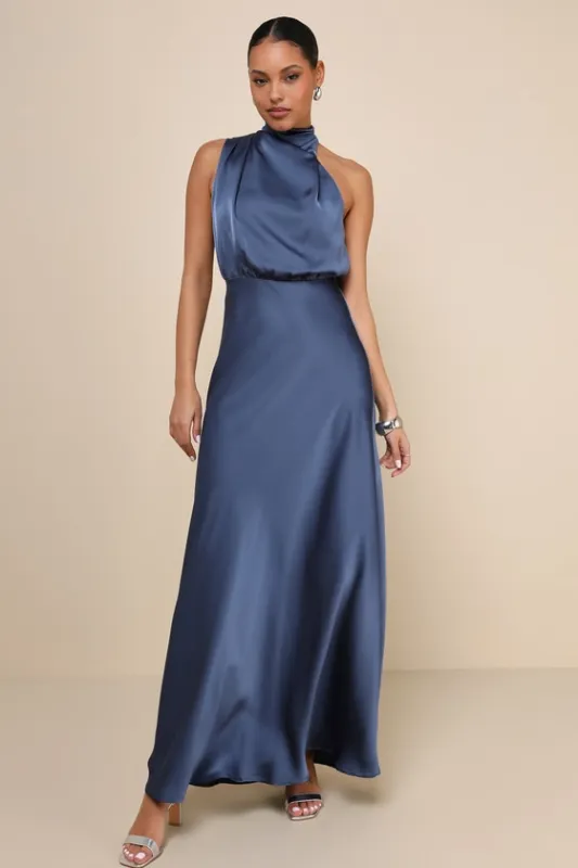 Distinctive Charm Slate Blue Satin Asymmetrical Maxi Dress sold by Lulus