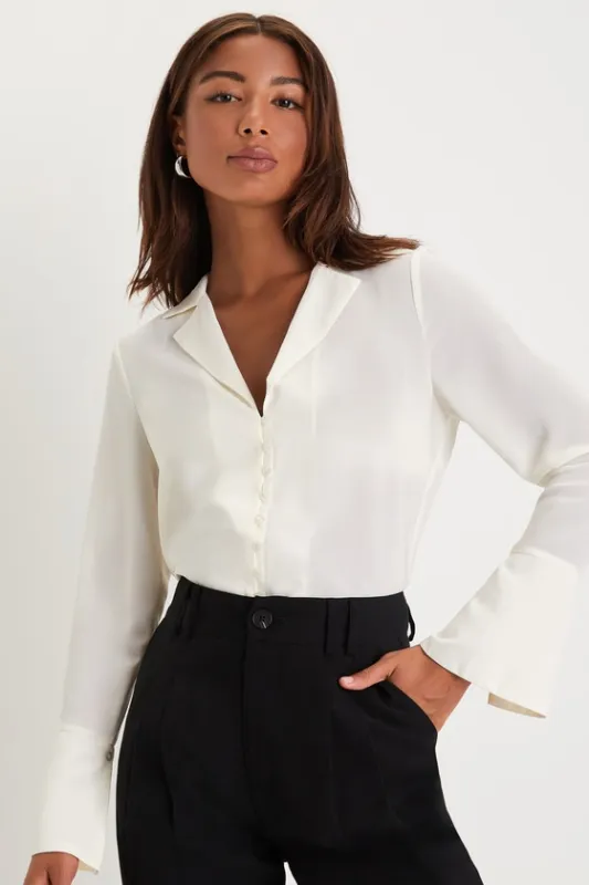 Sophisticated Presence Ivory Collared Long Sleeve Button-Up Top sold by Lulus