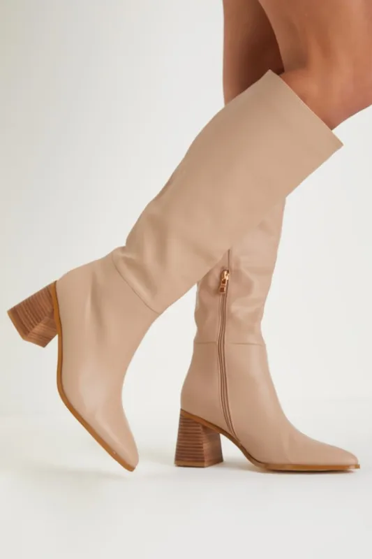 Holden Biscuit Beige Pointed-Toe Knee-High Boots sold by Lulus