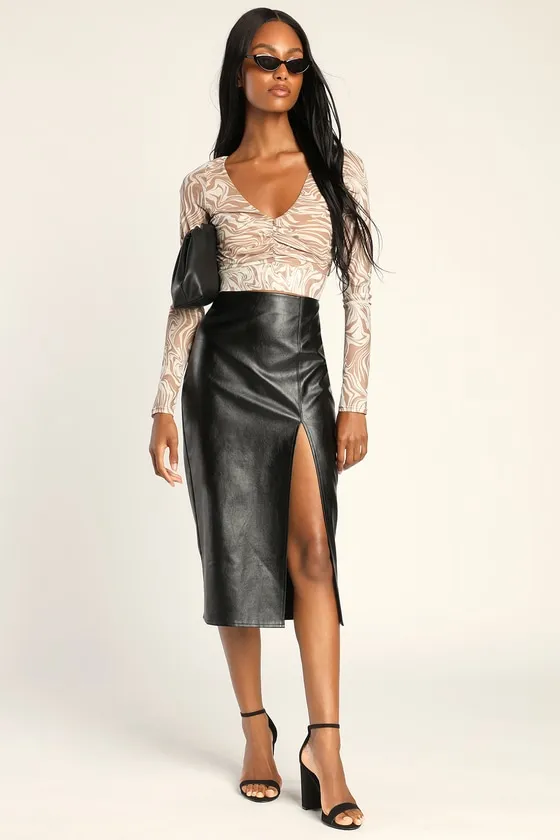 Irresistibly Fly Black Vegan Leather Midi Skirt sold by Lulus