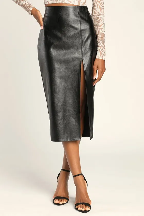 Irresistibly Fly Black Vegan Leather Midi Skirt sold by Lulus product image thumbnail 2