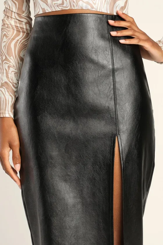 Irresistibly Fly Black Vegan Leather Midi Skirt sold by Lulus product image thumbnail 4