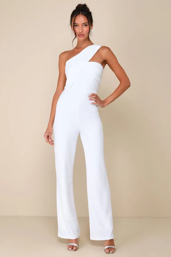 Devoted to Fun Ivory One-Shoulder Sleeveless Jumpsuit sold by Lulus