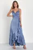 In Love Forever Slate Blue Satin Lace-Up High-Low Maxi Dress sold by Lulus