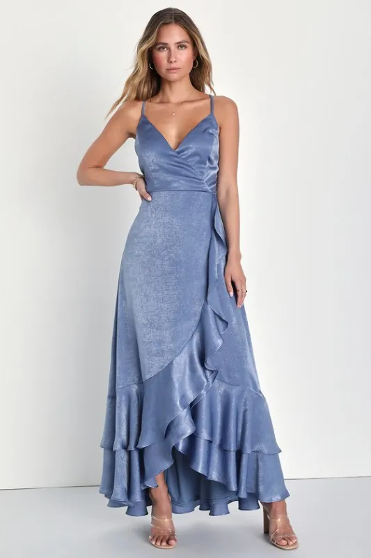 In Love Forever Slate Blue Satin Lace-Up High-Low Maxi Dress sold by Lulus