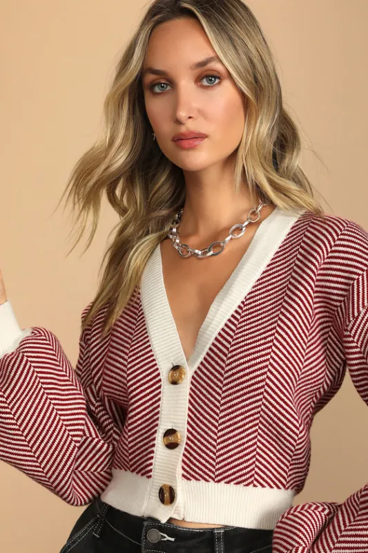 Here Comes a Holiday Red and White Striped Button-Up Cardigan sold by Lulus