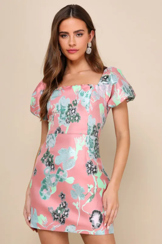 So Stunning Coral Pink Floral Jacquard Puff Sleeve Mini Dress sold by Lulus