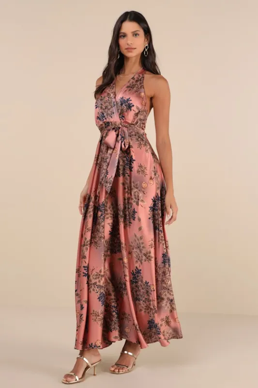 Gorgeous Passion Pink Floral Satin Backless Halter Maxi Dress sold by Lulus