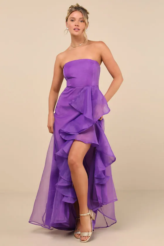 Exquisite Ease Purple Organza Strapless Ruffled Maxi Dress sold by Lulus