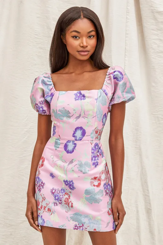 So Stunning Pink Multi Floral Jacquard Puff Sleeve Mini Dress sold by Lulus