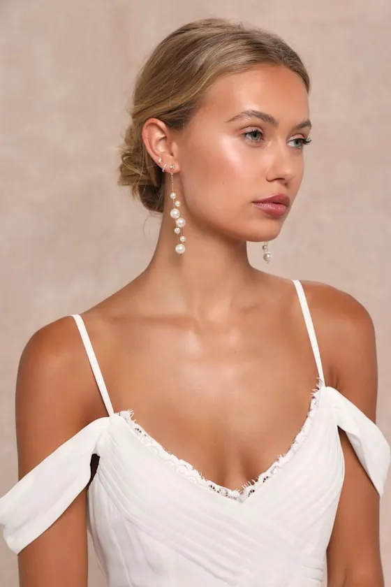 Exceedingly Elevated Gold Pearl Rhinestone Drop Earrings sold by Lulus