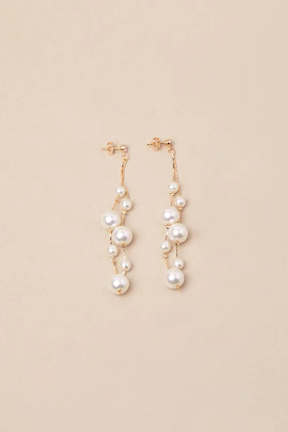 Exceedingly Elevated Gold Pearl Rhinestone Drop Earrings sold by Lulus product image thumbnail 2