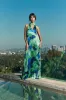 Prime Poise Green and Blue Abstract Satin Halter Maxi Dress sold by Lulus