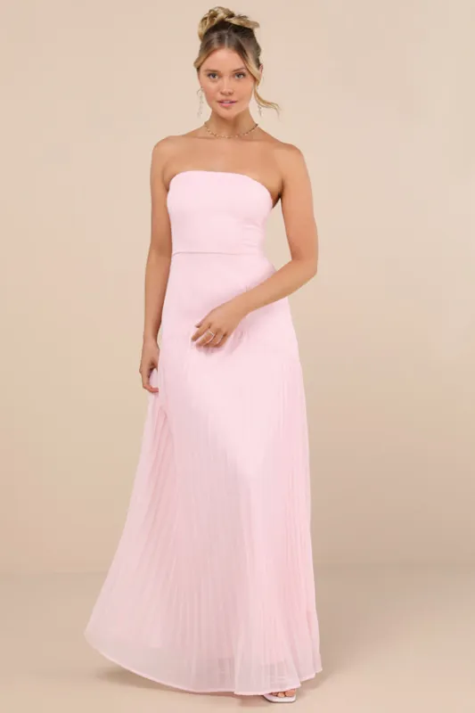 Celebratory Aesthetic Blush Pink Pleated Strapless Maxi Dress sold by Lulus