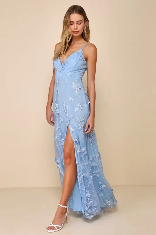 Rare Presence Powder Blue 3D Floral Surplice Maxi Dress sold by Lulus