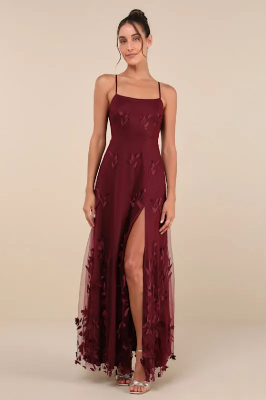 Abundant Charm Burgundy 3D Floral Applique Maxi Dress sold by Lulus