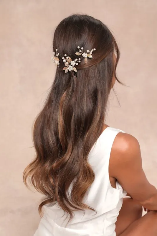 Floral Adornment Gold Seven-Piece Floral Pearl Hair Pin Set sold by Lulus