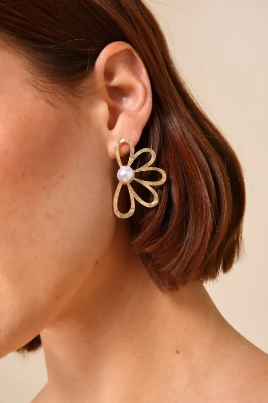 Modern Blooms Gold Flower Pearl Earrings sold by Lulus